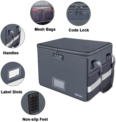 ENGPOW File Box with Lock, Fireproof Document Box with Pockets, Collapsible File Organizer Filing Storage Cabinet with Handle, Portable Home Office Safe for Hanging Letter/Legal Folders,Gray,2 Pack