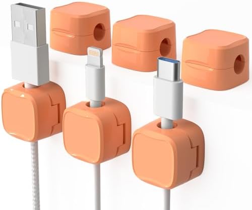 6 Pack Magnetic Cord Organizer & Cable Clips - Adjustable Under Desk Cable Management, Adhesive Wire Holder for Home, Office, Phone, Car, Wall, and Nightstand (Orange)