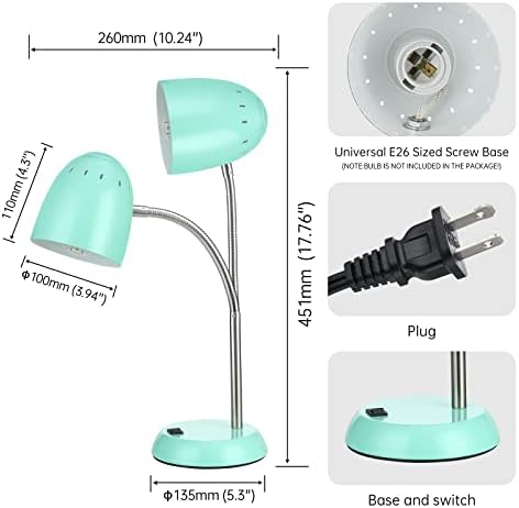 Eye-Caring Table Lamp of Simple Designs Home E26 Led Screw Basic Metal Desk Lamp with Flexible Gooseneck Hose Neck Study Lamp for Bedroom Office Living Room Convenient On/Off Switch(Green)