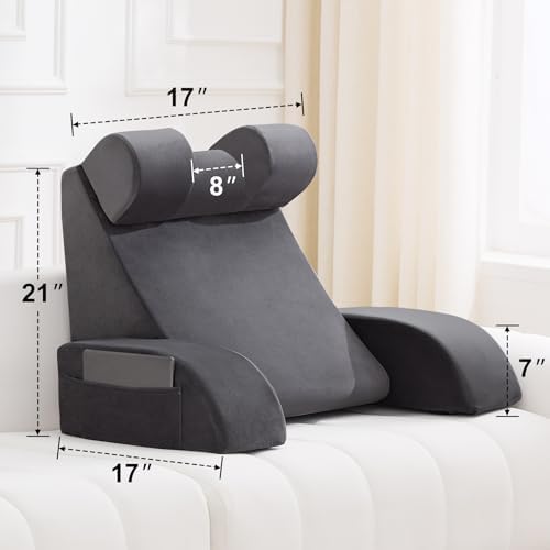 21" Reading Pillow for Bed with Back Support & Big Pockets, Grey