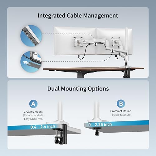 Ergounion Dual Monitor Mount, Holds 2 Stacked Screens up to 40 Inch, White