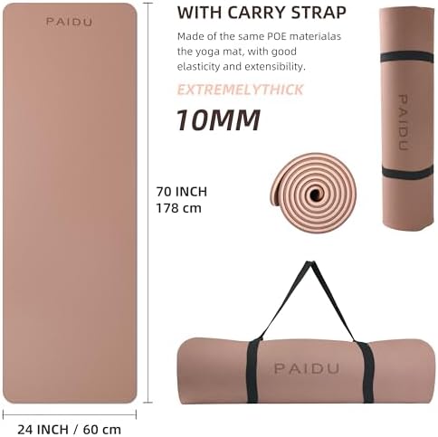 PAIDU POE Yoga Mat （10mm）Extra Thick Fitness Mat 72"x24" with Carry Strap