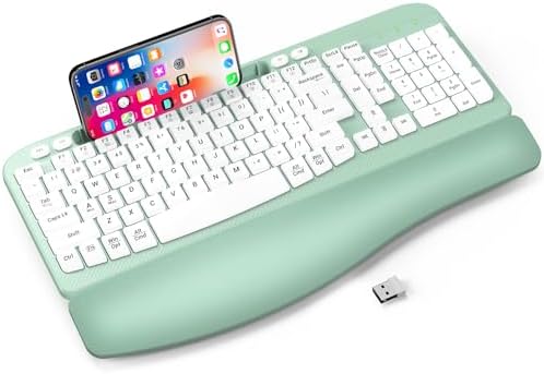 EAYBLLY 2.4G Wireless Ergonomic Keyboard, Full Size Wave Keys with Memory Foam Wrist Rest & 7.28in Phone Holder, USB-C Adapter Included for Windows Mac Chrome OS, Office or Home (Mint Green)