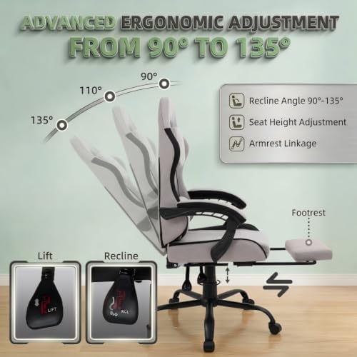 Video Gaming Chair, Ergonomic Office Chair with Footrest, Lumbar Support and Linkage Armrests, Swive Home Video Game Chairs for Adults, Gray