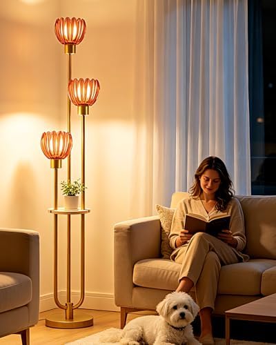 Lightdot Lotus Glass Floor Lamp with Shelf Red Flower Gold Floor Lamps