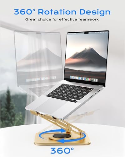 LOXP Adjustable Laptop Stand, Computer Stand with 360 Rotating Base, Ergonomic Laptop Riser Mount for Desk Foldable Protable Computer Desk Fits with MacBook Pro Air (10-16") - Gold