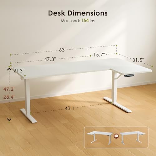 OffiGo 63 Inch Reversible L Shaped Electric Standing Desk, White
