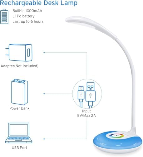 LED Desk Lamp with USB Charging Port, Eye-Caring Table Lamp with 3 Brightness Levels, Touch Control, Adjustable Gooseneck, Color Night Light for Office and Bedroom, Gift for Kids and Families