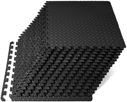 ProsourceFit Exercise Puzzle Mat 1/2-inch, EVA Interlocking Foam Floor Tiles for Home Gym, Workout Equipment, Kids Play Areas, Black, 72 SQ FT - 18 Tiles