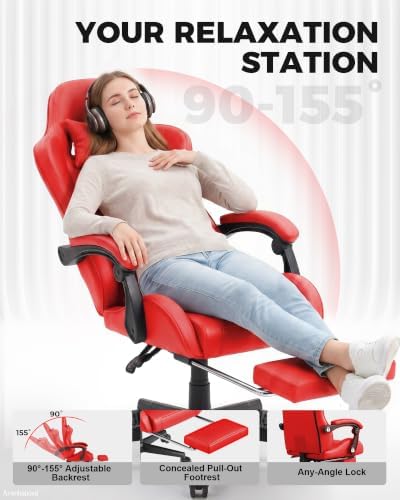 LUCKRACER Gaming Chair with Pocket Spring Cushion and Footrest, PU Leather 90°-155° Reclining Computer Chair, 4.5" Height Adjustment, Ergonomic Office Chair with Lumbar Support, Red
