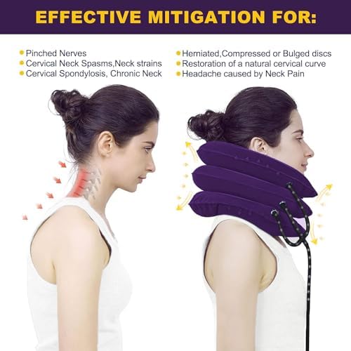 Neck Stretcher, Cervical Traction Device, Neck Traction Device, Cervical Neck Traction Device for Neck Pain Relief, Adjustable Inflatable Neck Brace, Neck Decompression Home Use (Dark Purple)