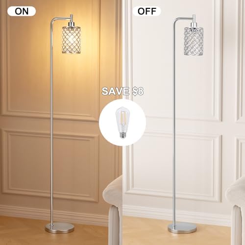 Ziisee Crystal Floor Lamp - Industrial Modern Standing Lamps with LED Bulb for Living Room Bedroom Office - Silver
