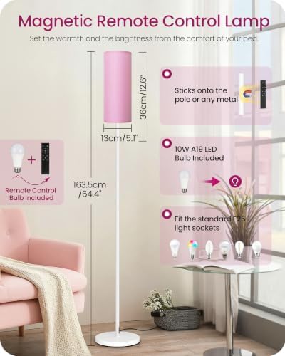 Dimmable Floor Lamps for Living Room with Remote and Foot Switch, 64.4” Modern Standing Tall Lamp, Corner Lamp for Bedroom, Bulb Included, 3000K-6500K, FCC Listed, Pink and White WP06LD05W1