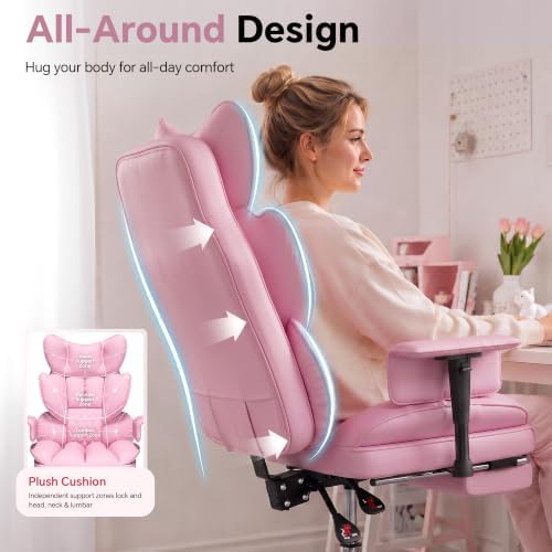 Mr IRONSTONE Big and Tall Gaming Chair 400lbs, Heavy Duty Office Chair with Footrest, High Back Computer Chair with Thick Padded Seat and Lumbar Support, Wide Seat Reclining PU Leather Chair, Pink