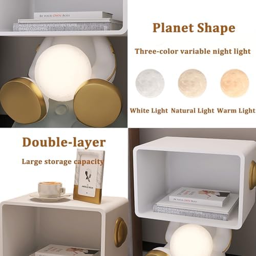 Astronaut Figurine Bedside Table with Storage, Unique Resin Astronaut Decor End Table Space Figurines Nightstand with Moon Lamp for Bedroom Living Room
