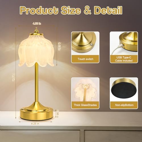Cordless Table Lamp, Rechargeable White Glass Lotus Flower Lamp