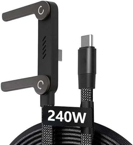 240W USB C to USB C Cable with Foldable Phone Stand, 4.9FT Braided Fast Charging Cord, 90 Degree Type C Charger Cable with Built-in Invisible Holder for Gaming, Office