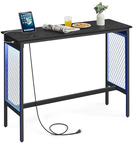 VASAGLE Bar Table with Power Outlets, LED Lights, Computer Desk, 47.2" L