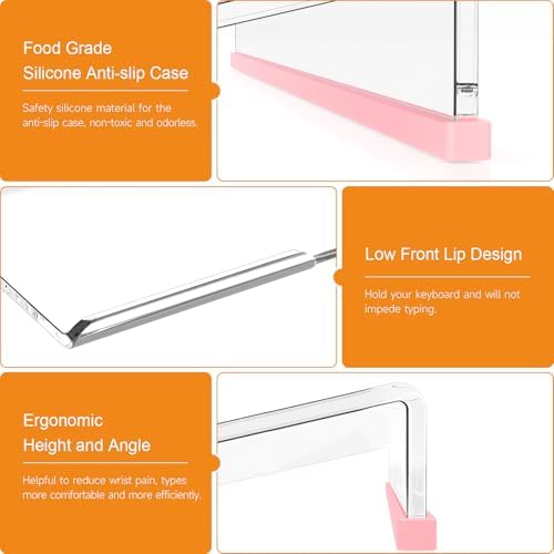 BEEGO Ergonomic Computer Keyboard Stand - Clear Acrylic Keyboard Riser Tilted Keyboard Holder Keyboard Tray with Lightpink Non-Slip Strip for Easy Typing at Home School Office Desk Accessories