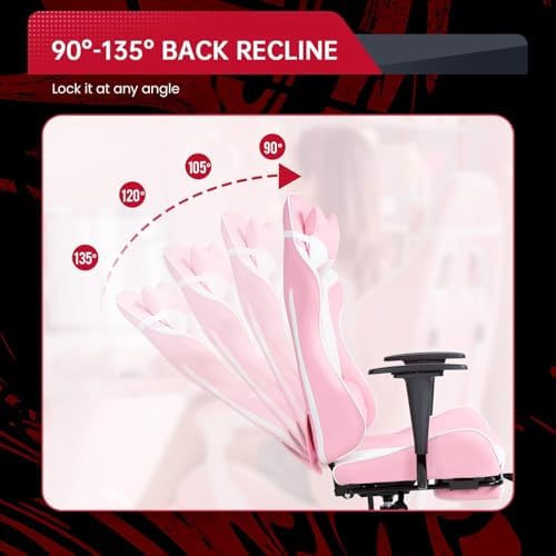 PC Gaming Chair with Footrest, Ergonomic Home Office Chair with Lumbar Support & Headrest Pillow, Pink