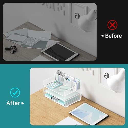 3-Tier Desk Organizer with Pen Holder and Handles, Paper Organizer, White