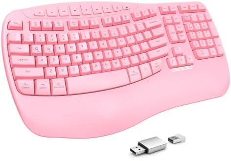 MEETION Wireless Ergonomic Keyboard with Wave Keys and Wrist Rest - Pink