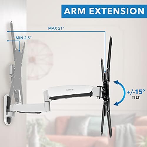 Mount-It! Full Motion Gas Spring TV Wall Mount for 25–55 Inch LED LCD OLED Flat Screen TVs | Height Adjustable 13.5” Articulating Arm | VESA 100x100 to 400x400 | 44 lb Capacity | Single Stud | Silver