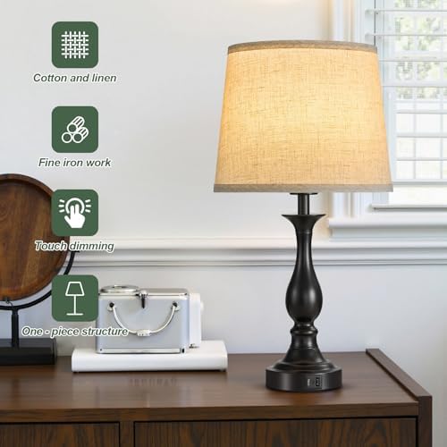 Bedside Table Lamp Touch Control Bedroom Lamps with USB A + C Charging Port 3 Way Dimmable Touch Lamps for Nightstand Living Room Bedroom Dorm Home Office Reading, Set of 2 (Beige Shade & Black Base)