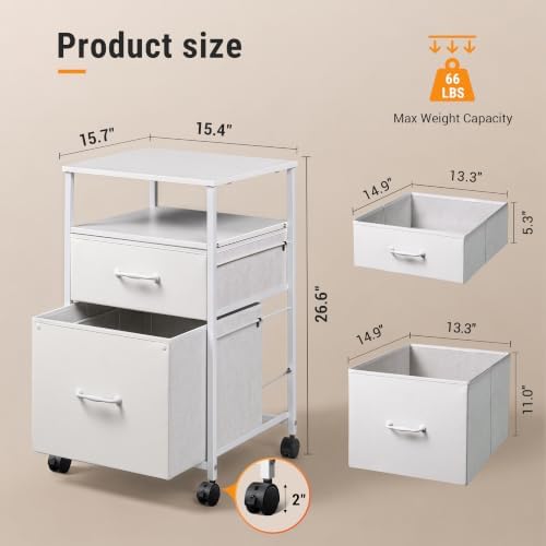 DEVAISE 2 Drawer Fabric Vertical Filing Cabinet, Rolling Printer Stand, White
