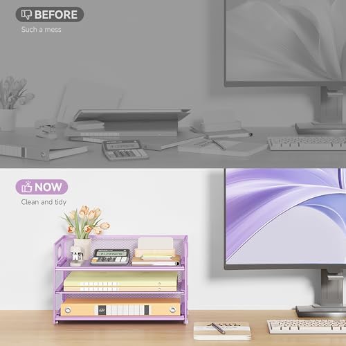 Subekyu 3 Tier Letter Tray Paper Organizer with Handle and 1 PC Sliding Tray, Purple Metal Mesh Desk File Folder Paper Sorter Organizer for Home Office School Desk Supplies Organization Storage