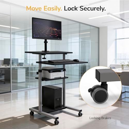 Mount-It! Mobile Computer Cart with Monitor Mount for Screen up to 32", Portable Desk on Wheels, Rolling Laptop Stand Teachers, Office, Classroom, Rise up to 53", Projector, Podium, Keyboard Tray