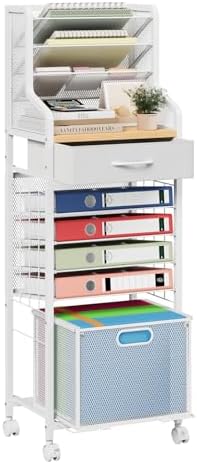 SWTYMIKI 10-Tier Rolling File Cart - Mesh Paper Organizer with Drawer and Hanging File Folders on Lockable Wheels, Rolling File Cabinet for Office Organization, Storage in Home, Studio, School, White