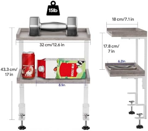 Clamp On Desk Shelf 2-Tier, Wood Shelving Unit for Office Desk/Gaming Accessories, Tabletop Book Storage Rack, Shelf for Top of Desk, Grey