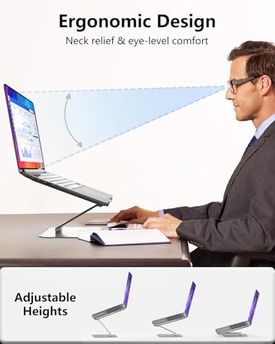 Laptop Stand for Desk, Ergonomic Adjustable Laptop Riser Holder, Foldable Portable Computer Notebook Stand Compatible with 10-16” MacBook Pro/Air, Dell, HP (Silver)
