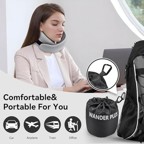 Wander+®Travel Neck Pillow, Pure Memory Foam Neck Pillow for Airplanes, Comfortable Breathable Cover, 360 Degree Support Ergonomic Design Best for Sleeping Plane Train Travel Essentials Max Black