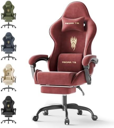 Ferghana Ergonomic Velvet Fabric Gaming Chair for Adults, Embroidered Fire Pattern, Massage Lumbar Support, Retractable Footrest, Adjustable Reclining Racing Style Computer Office Desk Chair, Red