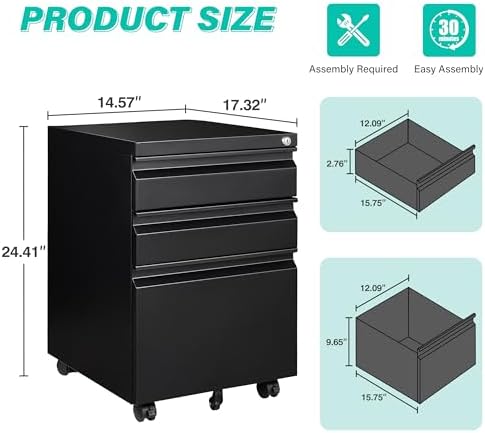 3 Drawer File Cabinet with Lock,Under Desk File Cabinet with Wheels,Black Rolling Filing Cabinets,Three Drawer Metal Filing Cabinet for Home Office,Fit A4/Letter/Legal File,- Assembly Required