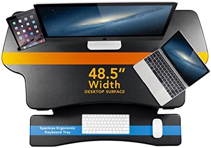 Mount-It! 48.5" Electric Standing Desk Converter for Dual Monitors, Motorized Sit Stand Electric Desk Riser with USB Port & Device Slot, Keyboard Tray, Adjustable Height Ergonomic Workstation, Black
