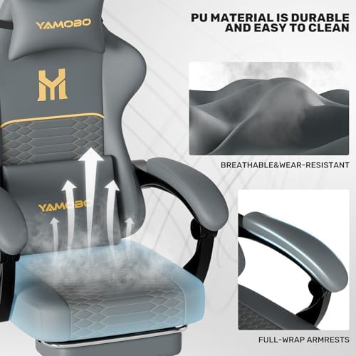 Gaming Chair with Footrest, Ergonomic Video Game Chair with Adjustable Lumbar and Headrest Massage Support,PU Leather High Back Recliner Comfortable for Office, Game and Study, Grey