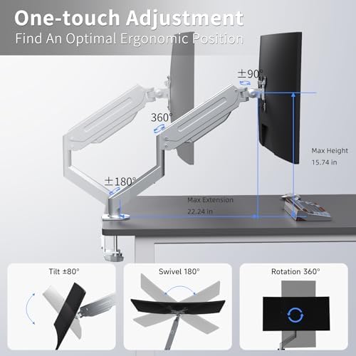 Suptek Single Monitor Mount Adjustable Gas Spring Monitor Arm Desk Mount Stand Fits 17 20 22 23 24 26 27 32 33 inch Monitors,Holds up to 22 lbs,Silver(MD18S)