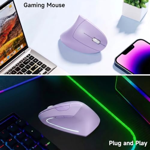 Ergonomic Vertical Wireless Mouse Stylish Rechargeable 2.4G Optical Mice Cordless Mouse with USB Receiver, 800/1200 /1600 DPI, 5 Buttons for Laptop,PC,Mac,Computer (Purple)
