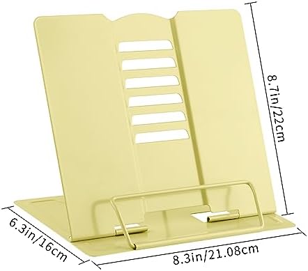 Honagu Book Stand Metal Desk Book Holder, Book Holders for Reading Hands Free, Adjustable Cookbook Documents Holder, Portable Bookstand for Music Books, Textbook, Recipe, Tablet, Ipad（Light Yellow）