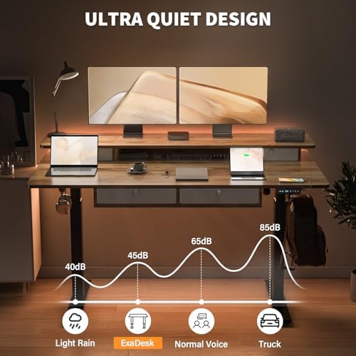 63 x 30 Inch Electric Standing Desk with 4 Drawers, Light Rustic