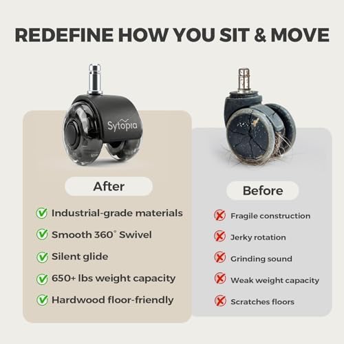 Office Chair Wheels, 2 Inch Rubber Rollers, Heavy Duty, Safe for Hardwood Floors, Carpets, Mats, Universal Size 11x22mm, Smooth and Quiet, Dark Grey, Set of 5