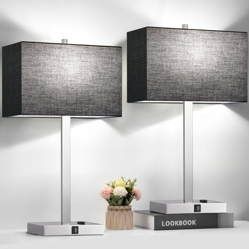 21" Touch Bedside lamps with 2 USB & AC Outlets, 3-Way Dimmable Bedside Table Lamps Set of 2 for Bedroom Living Room Office Reading, Black Shade Lamps for Night Stands, 5000K LED Bulbs Included