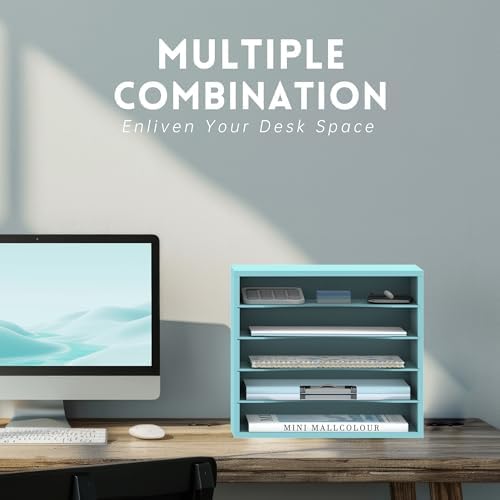 5 Tier Wood Desk Organizer, Mail Sorter and Paper Organizer for Desk, Blue