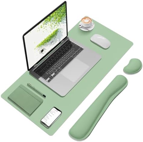 Desk Mat Set， Wrist Rest for Computer Keyboard, 3-in-1 Large Mouse Pad and Keyboard Wrist Rest Set, Non-Slip Desk Mat Protector for Office, Home(27.5×13.8 Inches, Lake Green)
