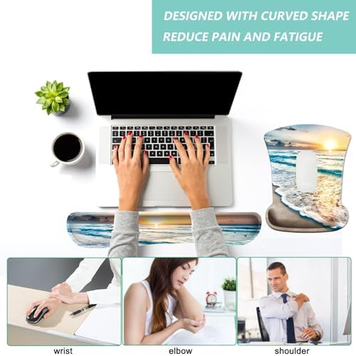 Keyboard Wrist Rest Pad Mouse Pad with Wrist Support Set of 3, Gaming Mousepad with Non-Slip Rubber Base, Ergonomic Memory Foam Mouse Cushion Support for Home Office Laptop Computer, Beach