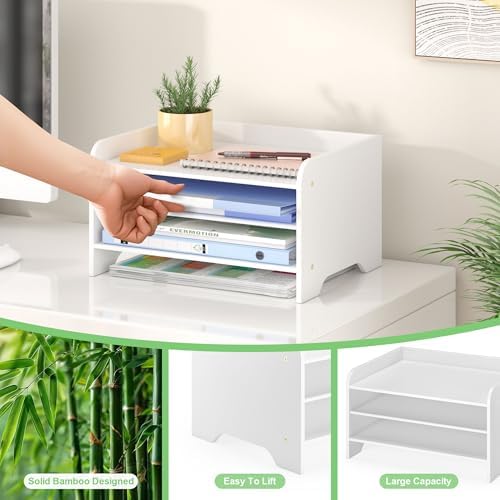 Bamboo File Organizer for Desk, Desktop Paper Tray and Mail Holder