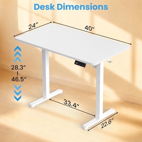 Electric Standing Desk, 40" x 24" Adjustable Height Sit Stand Desk, Small Space Workstation, Compact Computer Desk for Home Office, Stable Steel Frame (White)